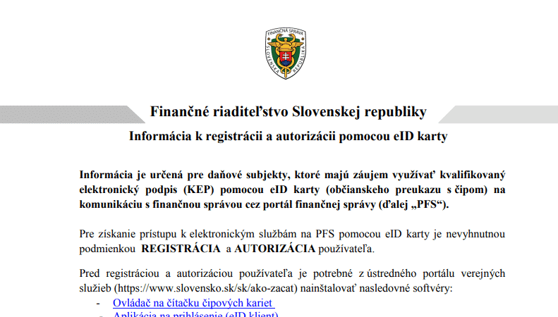 Informácia k registrácii a autorizácii pomocou eID karty